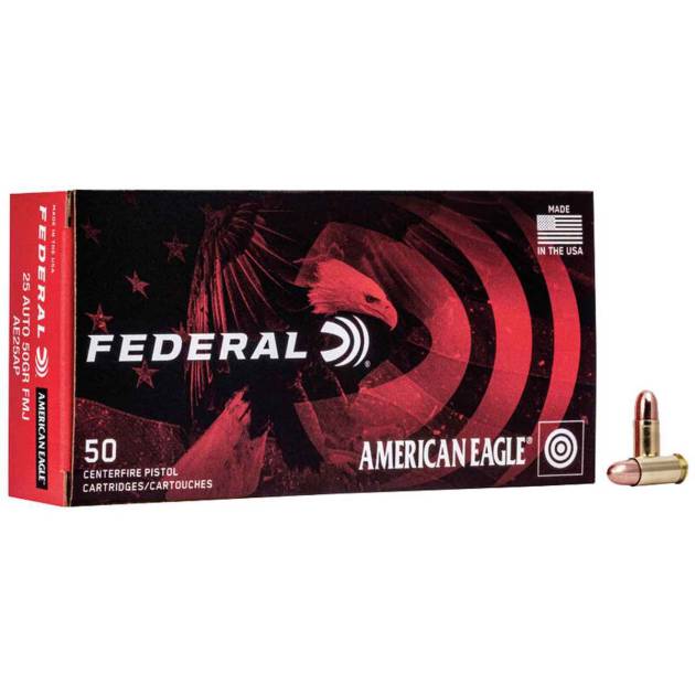 Federal American Eagle 25 Auto 50gr FMJ Handgun Ammo - 50 Rounds